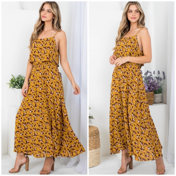 AUDREY 3+1 Mustard Floral Flounce Top Spaghetti Straps Maxi Dress - Picture 7 of 9